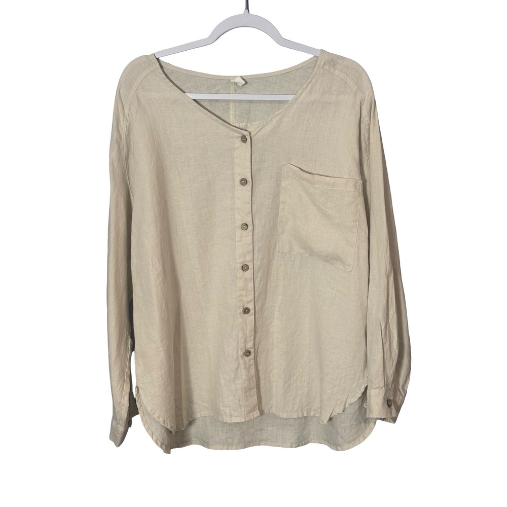 Grae Cove 100% Linen Button Down Shirt Size L Beige Oatmeal Long Sleeve Blouse